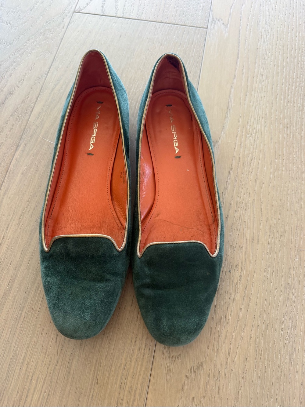 Via Spiga Teal Green Suede Loafers with Orange Insole